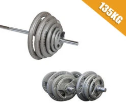 Fitness And Sport 135kg Standard Hammertone Barbell/Dumbbell Weights Set