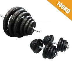 Fitness And Sport 140kg Standard Rubber Coated Barbell/Dumbbell Weights Set