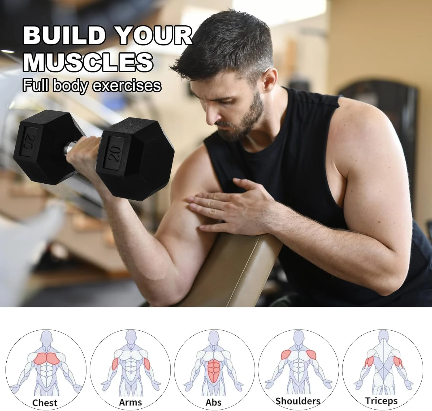 Fitness And Sport Pair Of 20-45lb Rubber Coated Hex Dumbbell Set - Image 3