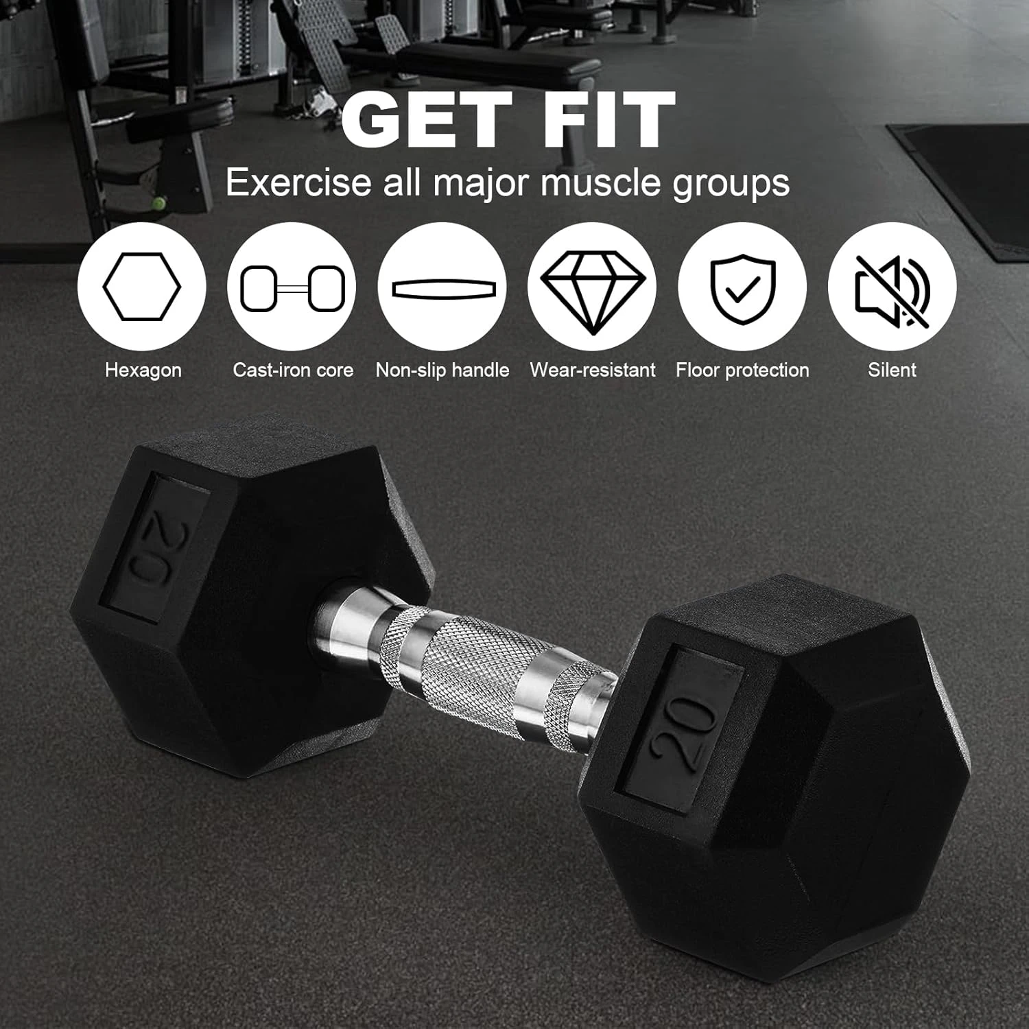 Fitness And Sport Pair Of 20-45lb Rubber Coated Hex Dumbbell Set