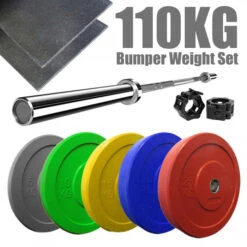 Fitness And Sport 110kg Crossfit Weightlifting Barbell Bumper Plate Gym Weightlifting Set + Mats